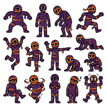 Halloween Cute cartoon ninja characters set, pink and orange stealth fighter poses, funny martial arts vector illustrations for games and design isolated on White Background Vector