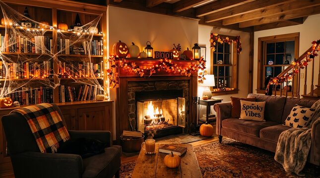 Cozy Living Room Decorated for Halloween with Fireplace and Bookshelf