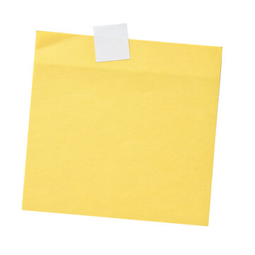 Square yellow sticky note paper sheet attached with a small piece of white adhesive tape at the center isolated on a transparent background