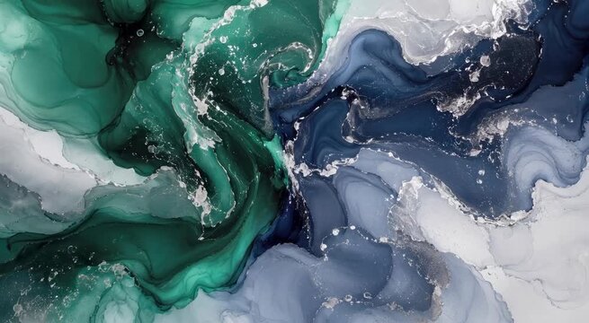 Abstract alcohol ink marble art with teal, navy, gray and metallic silver veins
