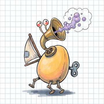 Whimsical cartoon robot with trumpet head on graph paper