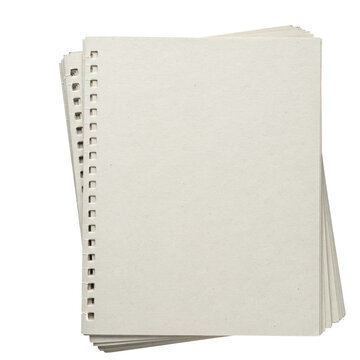Stack of blank spiral bound notebooks with off-white paper covers isolated on a transparent background
