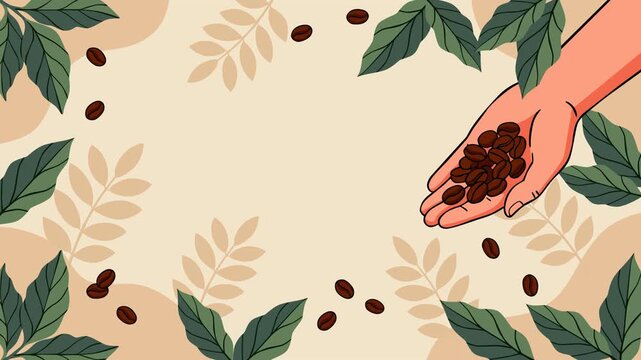 Animated coffee-themed background featuring a hand holding freshly roasted coffee beans, scattered beans, and lush botanical leaves on a warm beige backdrop with spacious copy space