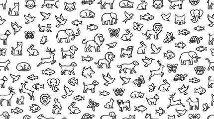 Fototapeta premium Seamless pattern of various animal icons in a simple black and white line art vector style