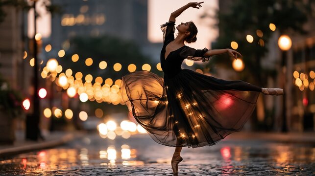Balance Awareness Week: a ballet dancer holding an arabesque balance pose on a wet cobblestone street at dusk, city lights bokeh in the background