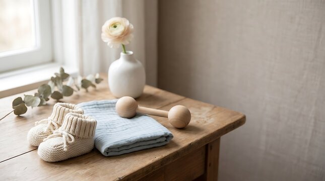 Baby shower decor with knitted booties and wooden rattle on a rustic wooden table