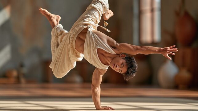 Balance Awareness Week: an athlete performing a one-arm handstand balance on a gymnastics mat in a sunlit studio