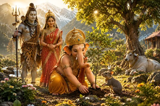 Lord Ganesha, Shiva and Parvati &ndash; Sacred Hindu Festival Celebration for Ganesh Chaturthi, Hartalika Teej and Mahashivratri