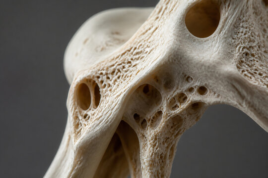 A close-up of the porous, intricate bone structure of a pelvis or hip joint against a dark background.