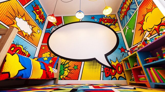 Comic Book Themed Kids Bedroom with Blank Speech Bubble