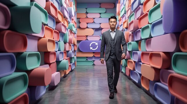 Asian Businessman Walking in Modern Colorful Creative Corridor
