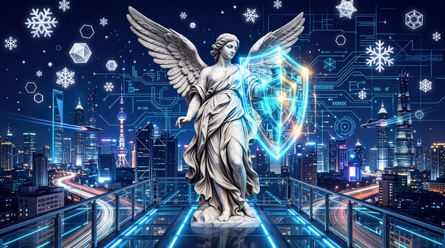 Angel Statue with Digital Shield Protecting Smart City