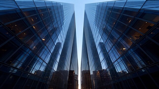 Low Angle View of Modern Corporate Glass Skyscrapers