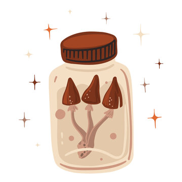 Three preserved mushrooms with long stems inside a glass specimen jar, surrounded by sparkling stars. Flat illustration suitable for botanical, mystical, apothecary and nature designs.