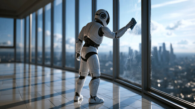 Humanoid Robot Cleaning Office Window Overlooking City Skyline