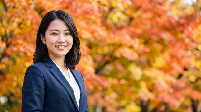 プロフィール写真をイメージした、秋の紅葉を背にして穏やかな笑顔をカメラに向けている、知的な印象の20代日本人女性社員のバストアップポートレート