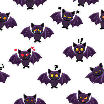Halloween Bat Seamless Pattern with Cute Emotional Bats on White Background
