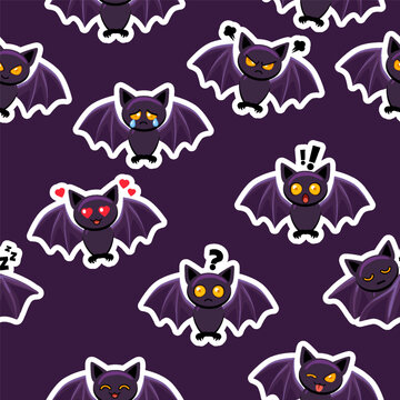 Cute Halloween Bat Seamless Pattern with Emotional Characters on Dark Purple Background
