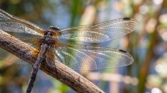 Dragonfly Resting on Twig with Transparent Wings
