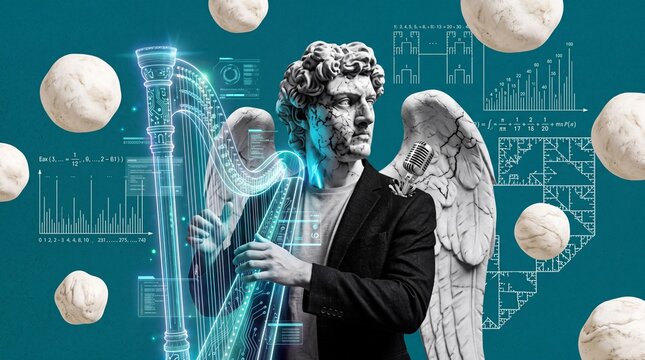 Surreal Classical Statue Playing Futuristic Digital Harp