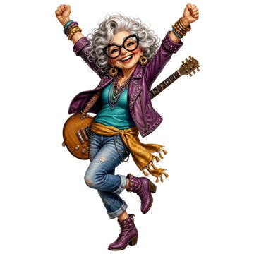Rock and Roll Grandma Triumphant Arms Up Guitar on Back