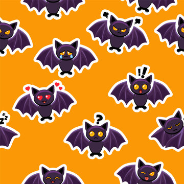 Halloween Bat Seamless Pattern with Cute Emotional Bats on Orange Background