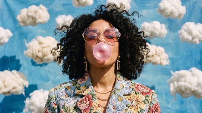 Woman with Curly Hair Blowing Bubblegum in Front of Clouds