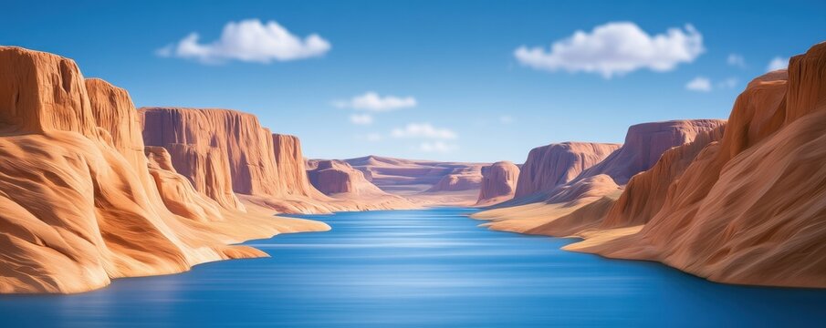 Canyon river winding through orange sandstone formations, geological landscape, dramatic midday light