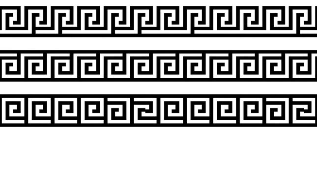 Seamless black and white greek key meander pattern borders on a white background