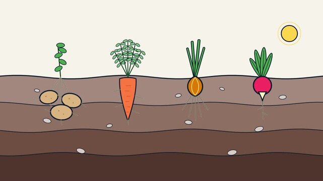 Illustration of Various Root Vegetables Growing Underground in a Sunny Garden