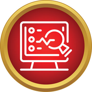 Computer monitor with a magnifying glass examining financial data and research analytics