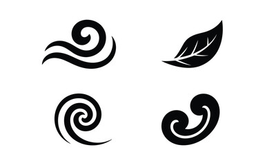 Fototapeta premium Minimalist black vector swirl icons featuring flowing wind gusts and a single organic leaf shape design