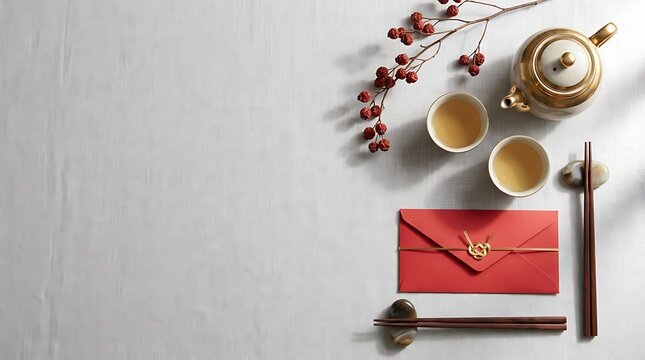 Chinese New Year flat lay with red envelope, tea set and chopsticks on white background