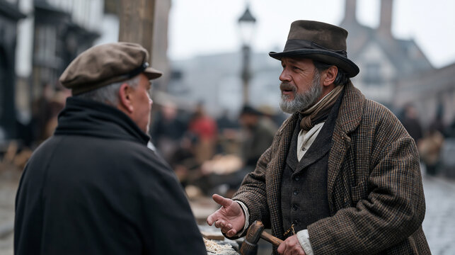 lamplighter negotiates restoration terms carefully with a heritage council representative in early morning mist, sawdust from a repaired wooden lamppost scattered across