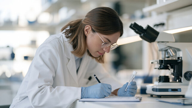 forensic science graduate takes detailed observation notes in a hospital evidence lab, a biological sample held under close inspection in one gloved hand, single professional