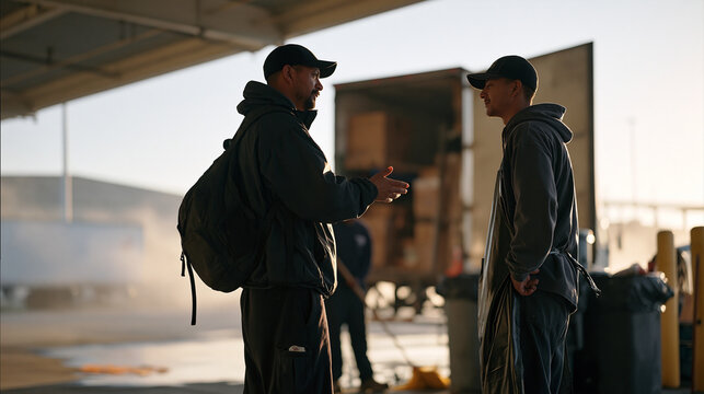 A grocery bagger translates restocking instructions for a new coworker in the early morning mist of a loading bay, a puddle of spilled juice being mopped nearby, the candid