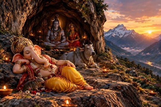 Ganesh Ganpati Bappa with Shiv Parvati Celebrating Ganesh Chaturthi, Gauri Ganpati and Maha Shivratri Hindu Festival