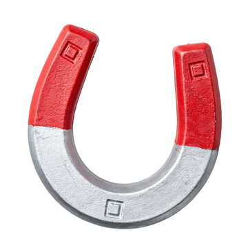 U-shaped horseshoe magnet with red painted ends and silver metal base isolated on a transparent background