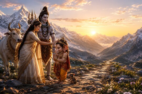 Divine Ganesha Shiva Parvati Family &ndash; Traditional Indian Festival Celebration of Ganesh Chaturthi, Sankashti Chaturthi and Mahashivratri