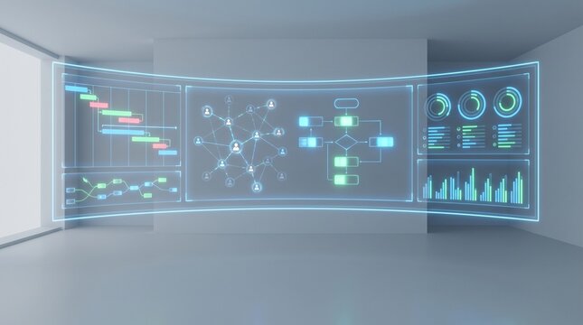 Futuristic holographic interface displaying data analytics and network connections in a modern room.