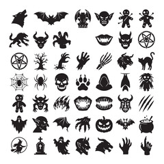 Obraz premium Halloween vector icons set with spooky monsters, skulls, and occult symbols for design.