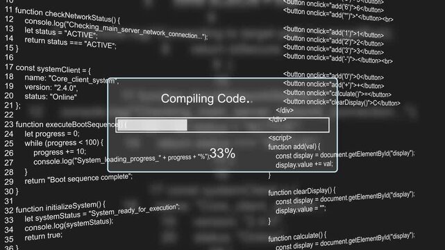 Compiling code progress bar at 0-100% on digital code background programming computer. Motion graphics of programming loading bar