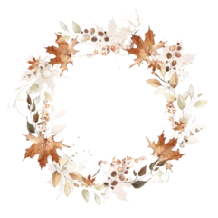 Watercolor hand painted autumn foliage wreath frame. Red, beige, brown autumn wild greenery, eucalyptus branches, maple leaves and twigs. Dry plants template design. © satika