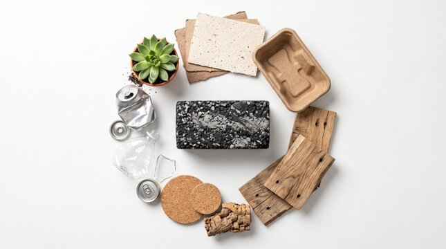 Sustainable recycling materials in circular layout, eco friendly waste management concept, biodegradable packaging and reusable items isolated on White Background