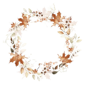 Watercolor hand painted autumn foliage wreath frame. Red, beige, brown autumn wild greenery, eucalyptus branches, maple leaves and twigs. Dry plants template design.