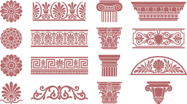 Ancient Greek architectural ornaments and columns elements set in terracotta pink colors.