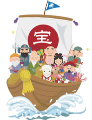 Fototapeta premium 海の上の宝船と七福神 年賀2027 未年のイラスト