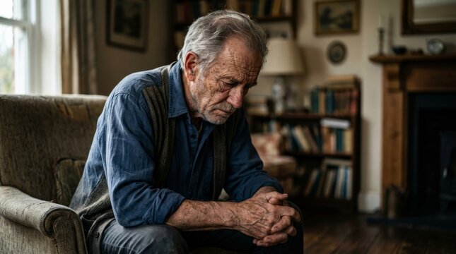 An elderly man sits alone in a cozy living room, looking down with a sorrowful expression that reflects the cognitive decline associated with alzheimer and aging memory loss