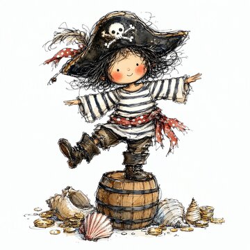 Doodle Pirate Kid Balancing on a Barrel With Arms Out