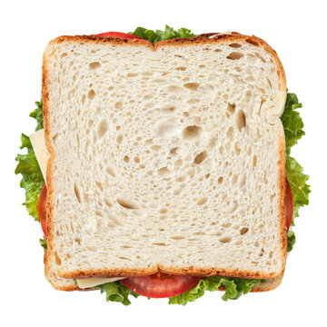 View of a fresh sandwich with white bread, lettuce, tomato, and cheese slices isolated on a transparent background